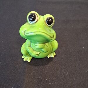 Vtg Anthropomorphic Ceramic Frog Figurine. Grn Glaze. 1970's Japan